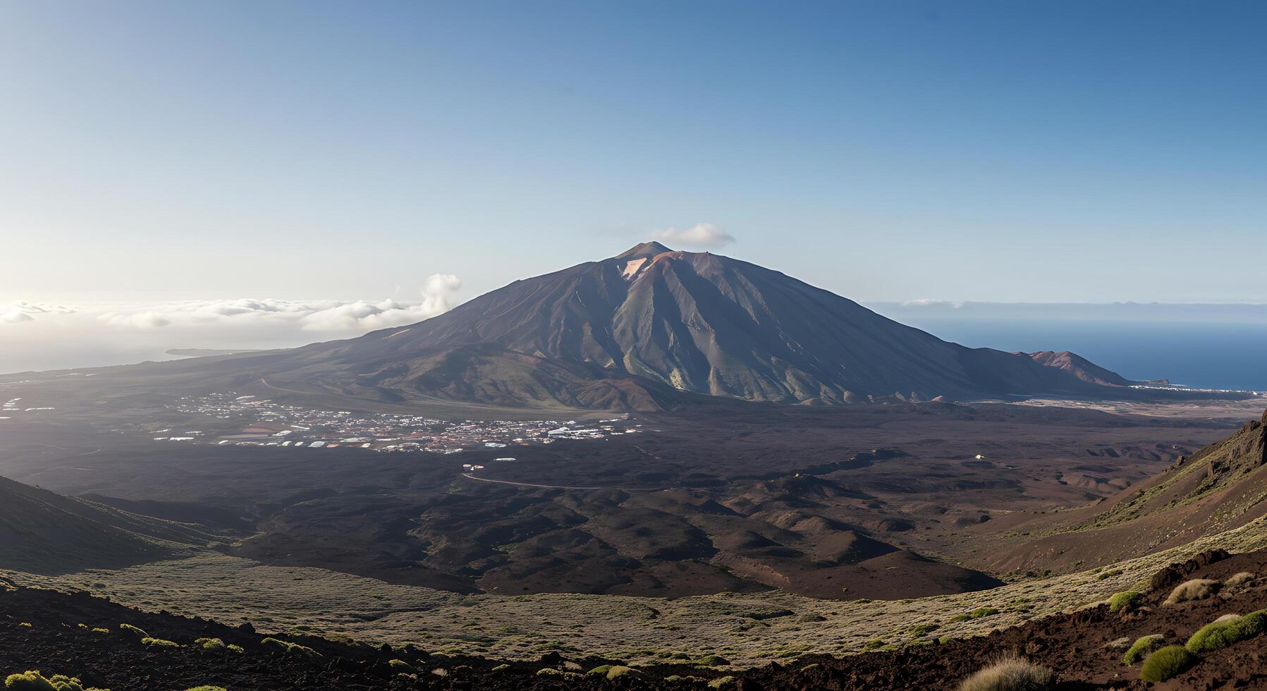 A mountain with a small town on top photo