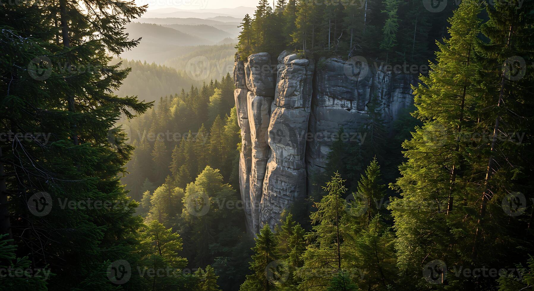 A mountain with trees and rocks in the background photo