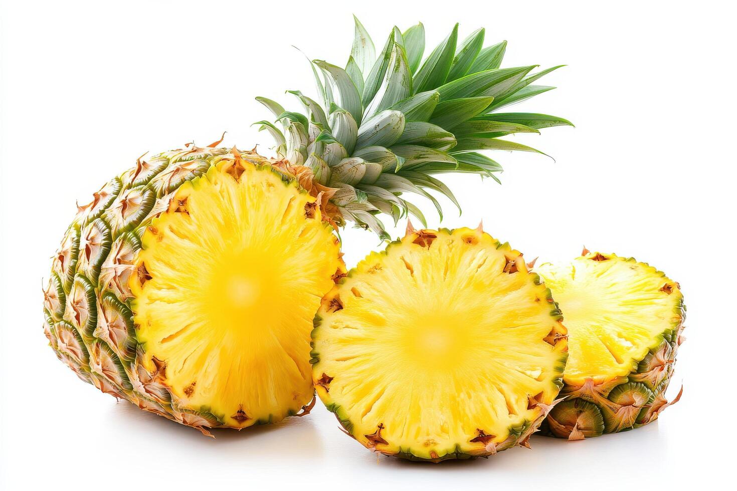 Whole and Sliced Pineapple with Green Leaves photo