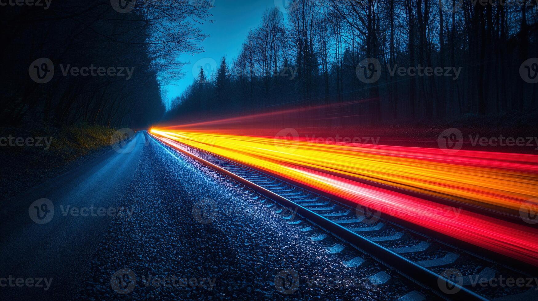 Vivid streaks of light from a speeding train are captured at night on railroad tracks. photo
