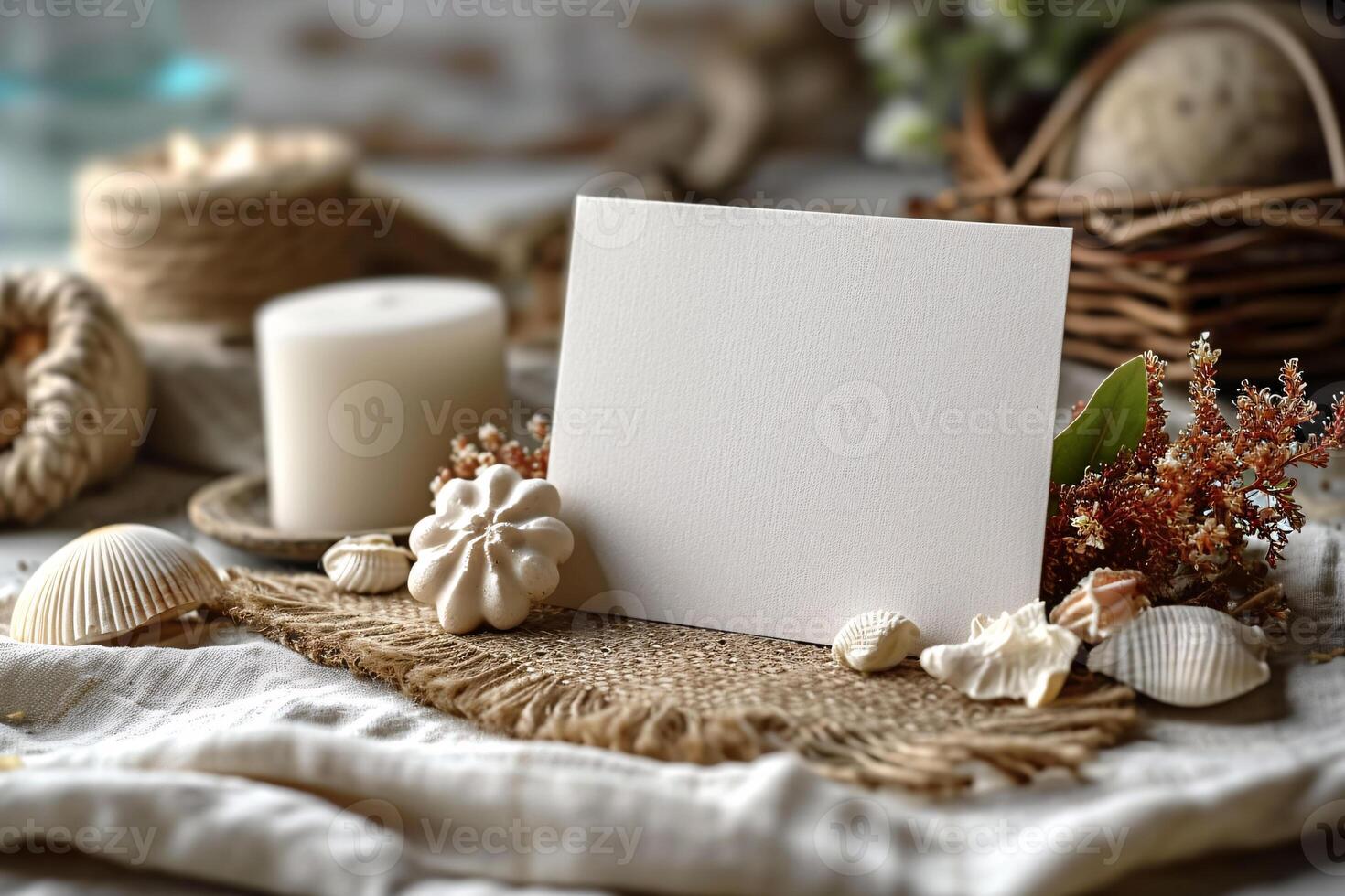A blank card is sitting on a table with shells and candles photo