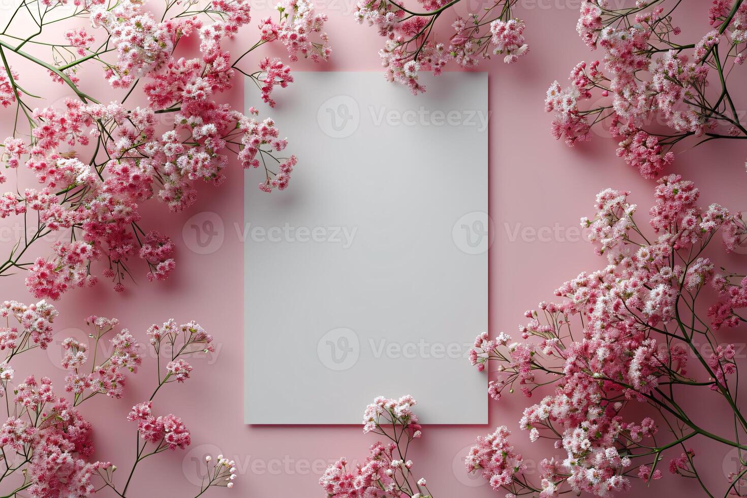 A blank sheet of paper surrounded by pink flowers photo