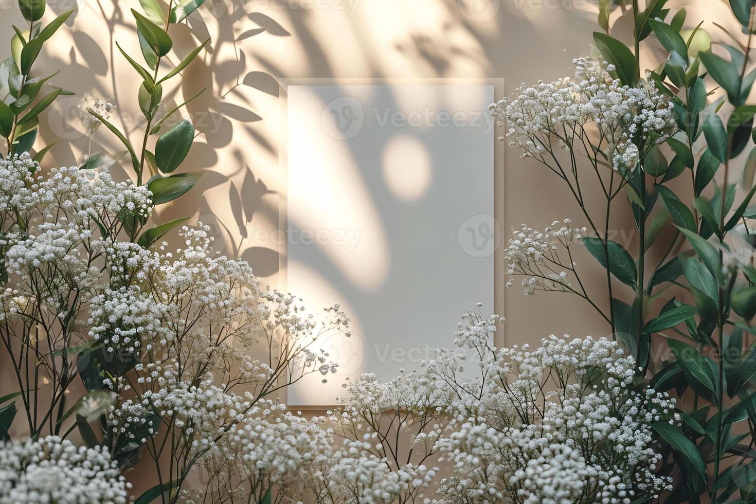 A blank white frame is surrounded by flowers photo