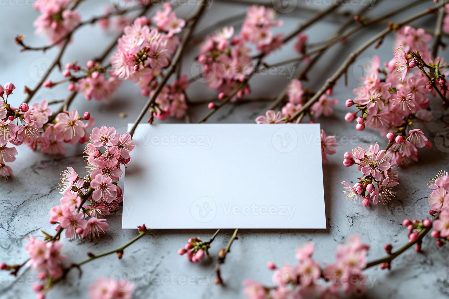 A blank card is placed on a table with pink flowers photo