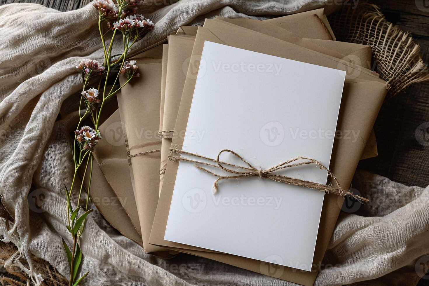 Blank white paper with brown twine on a wooden background photo