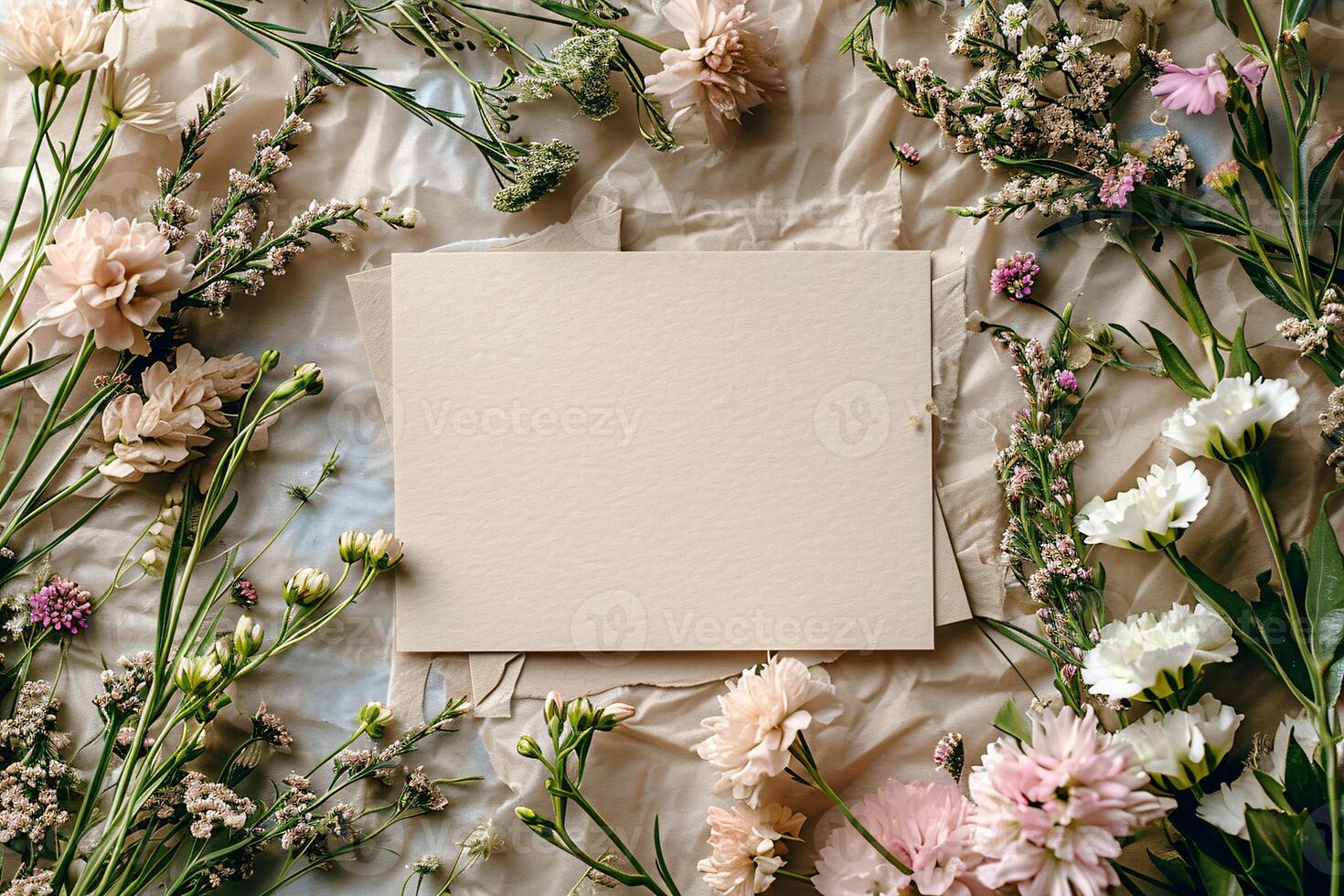 Flowers and paper on a table photo