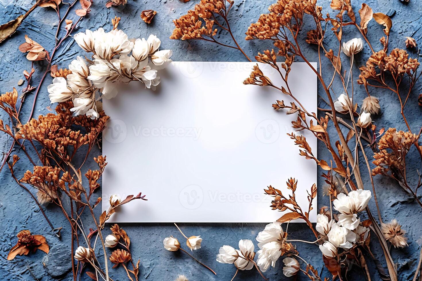 Blank paper with dried flowers on blue background photo