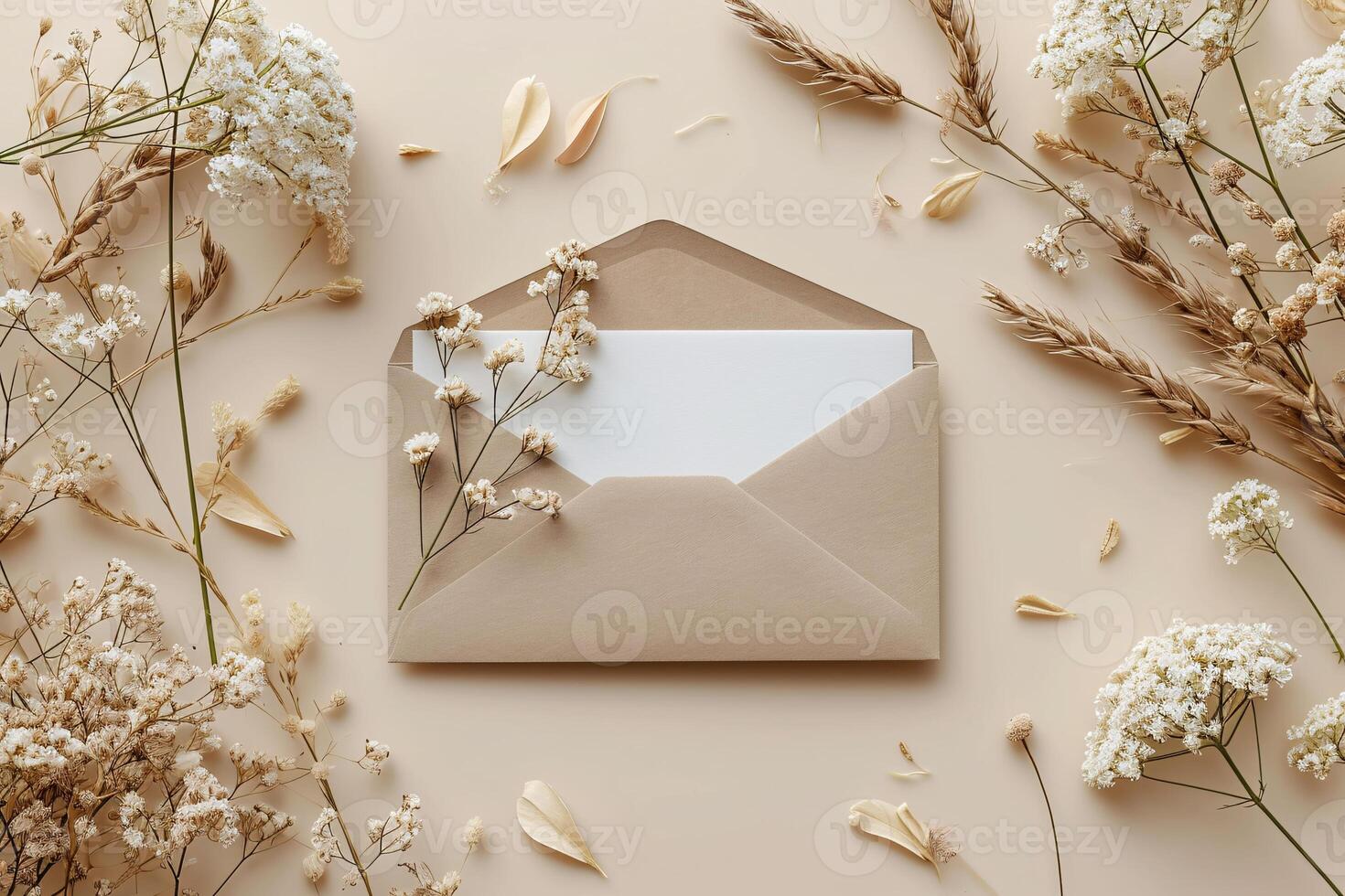 Open envelope with white paper and dried flowers on beige background photo