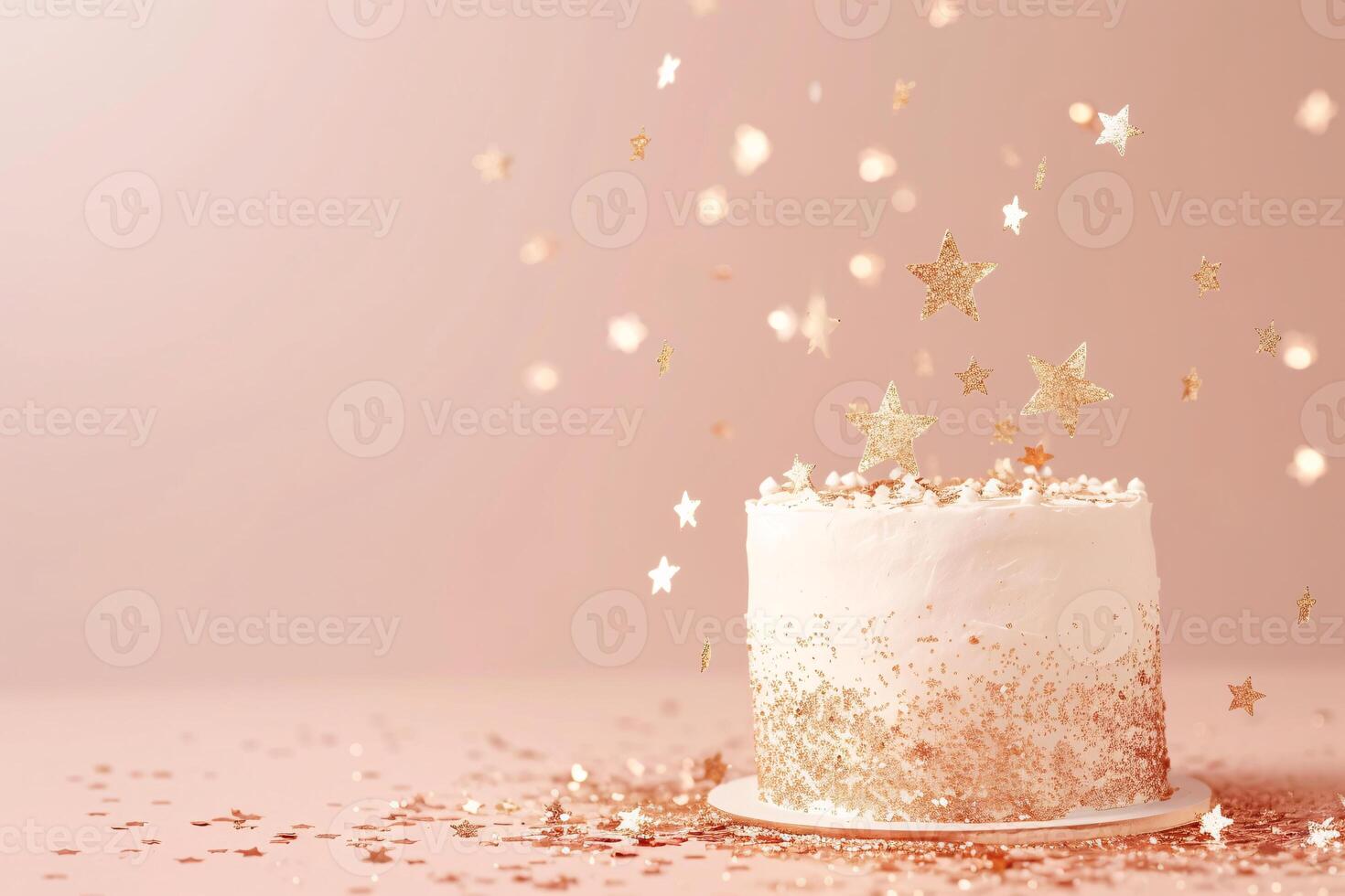 A cake with gold stars and confetti falling from the top photo