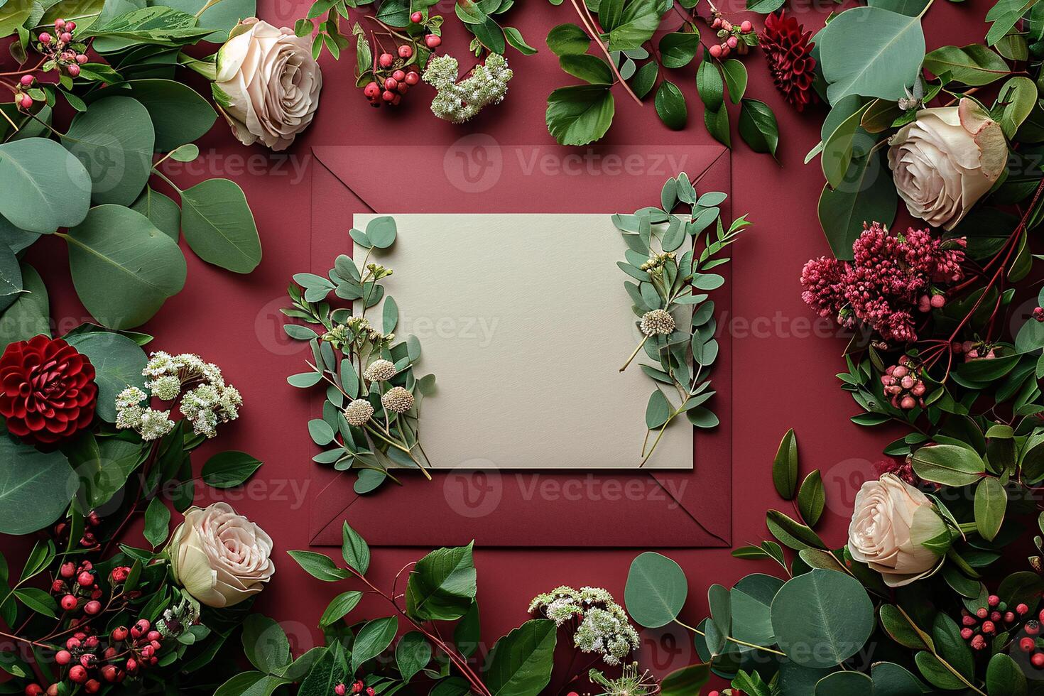 A square card surrounded by flowers and leaves photo