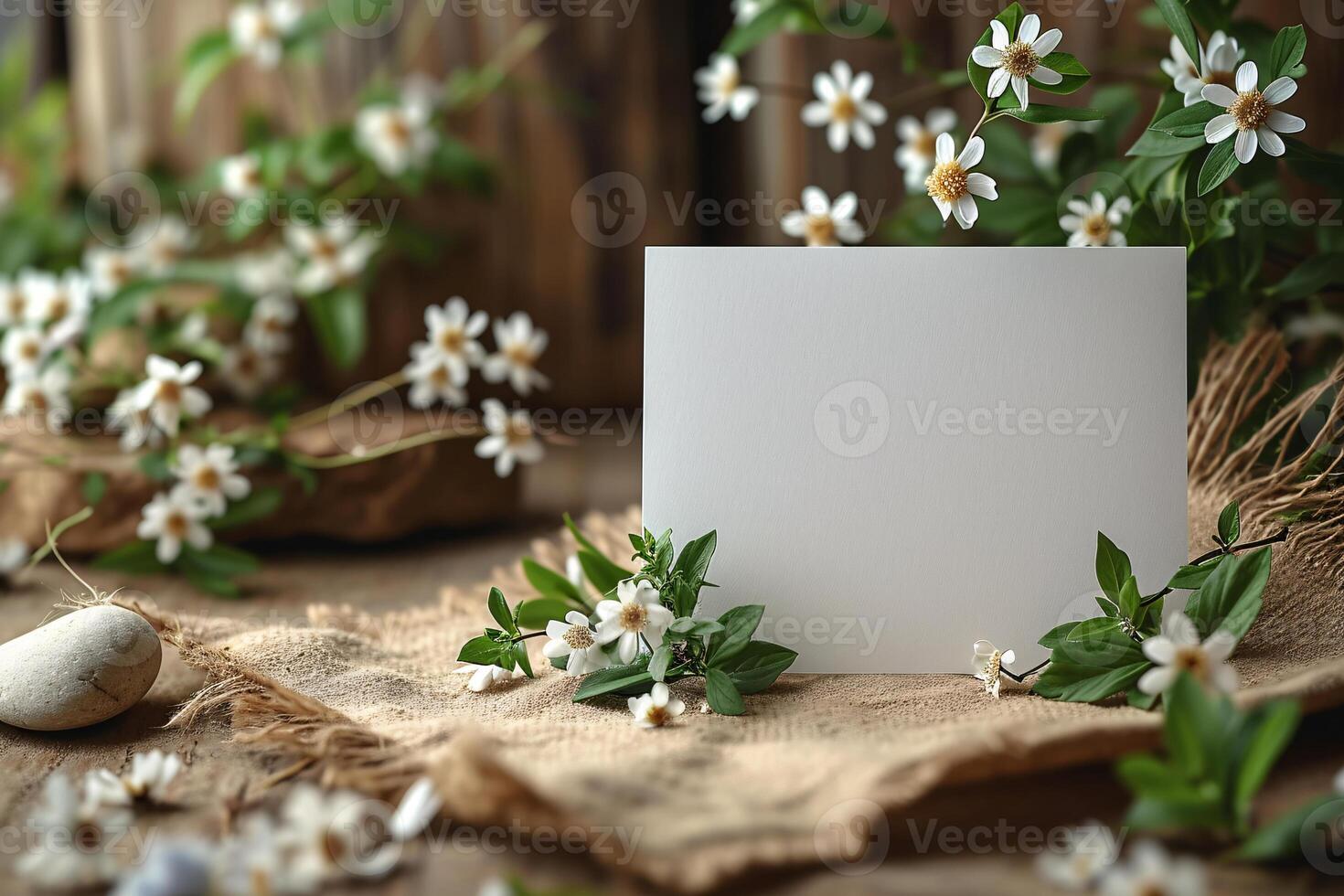 White card with flowers on wooden background photo