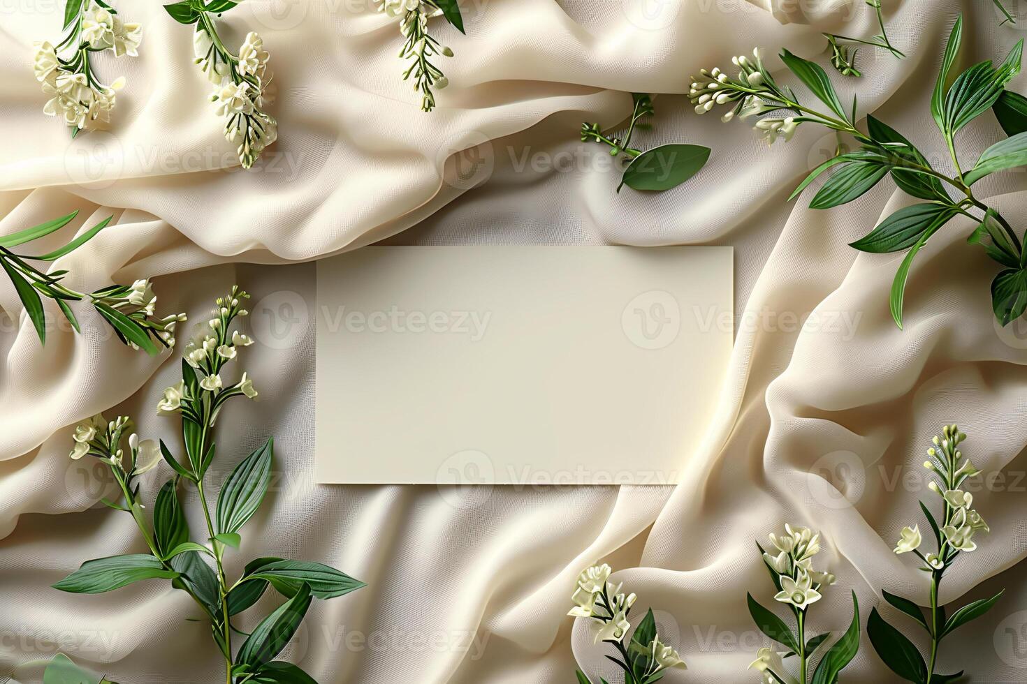 A white card is surrounded by flowers and leaves photo