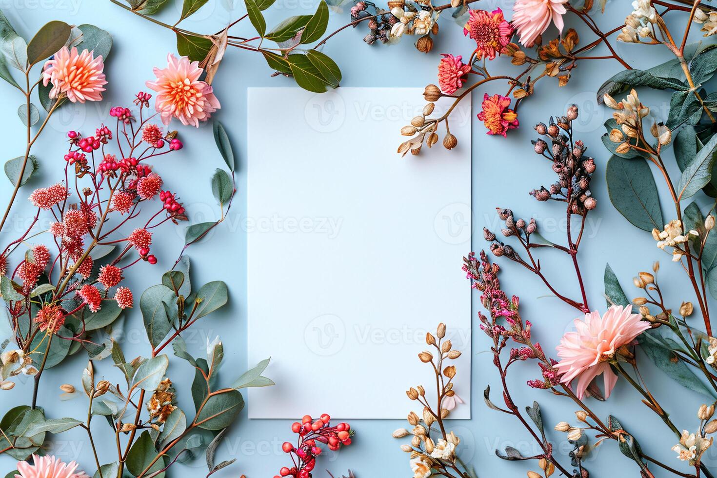 Flowers and leaves around a blank card on a blue background photo