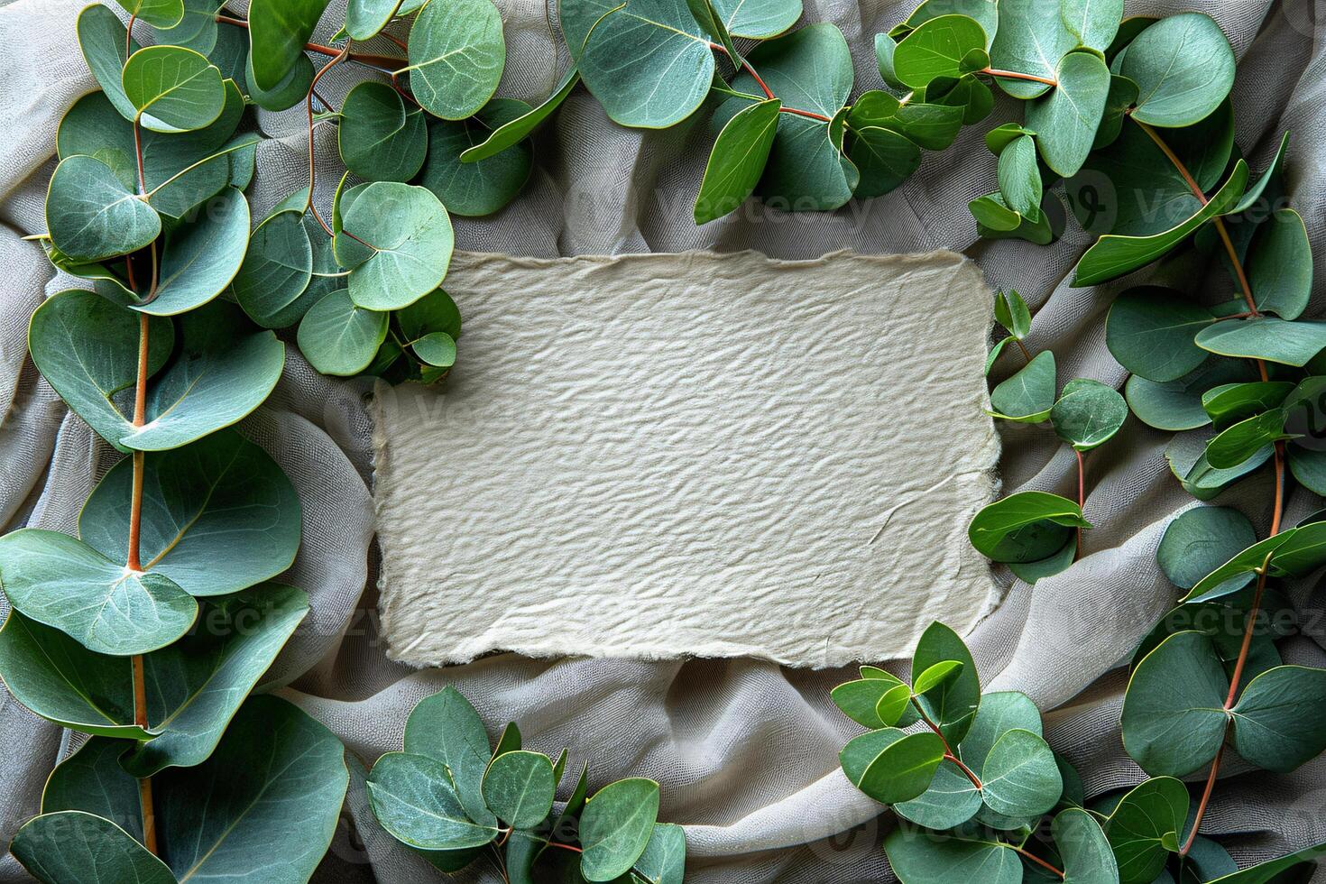 A piece of paper surrounded by eucalyptus leaves photo