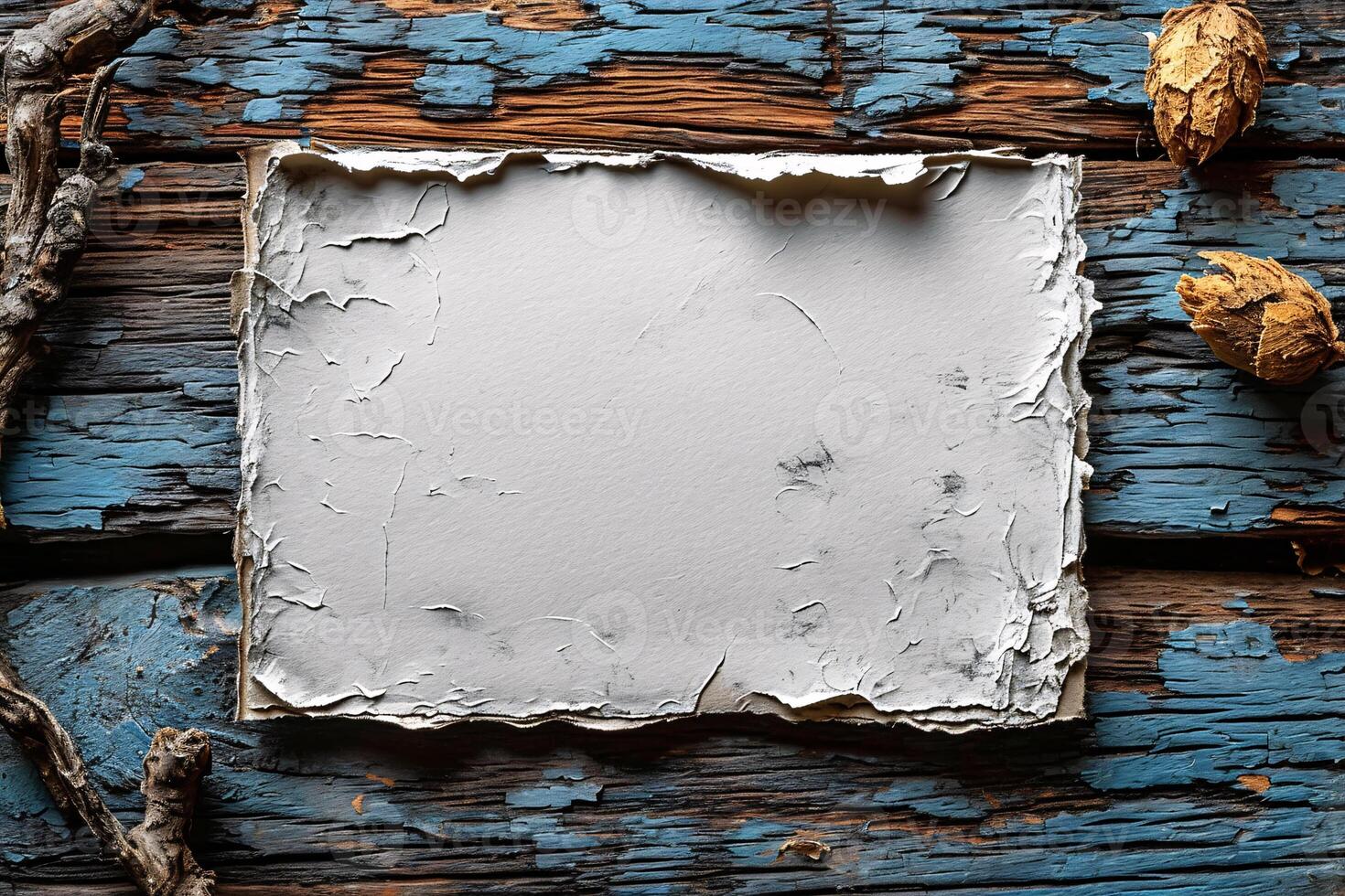 A white square frame on a blue wooden table photo