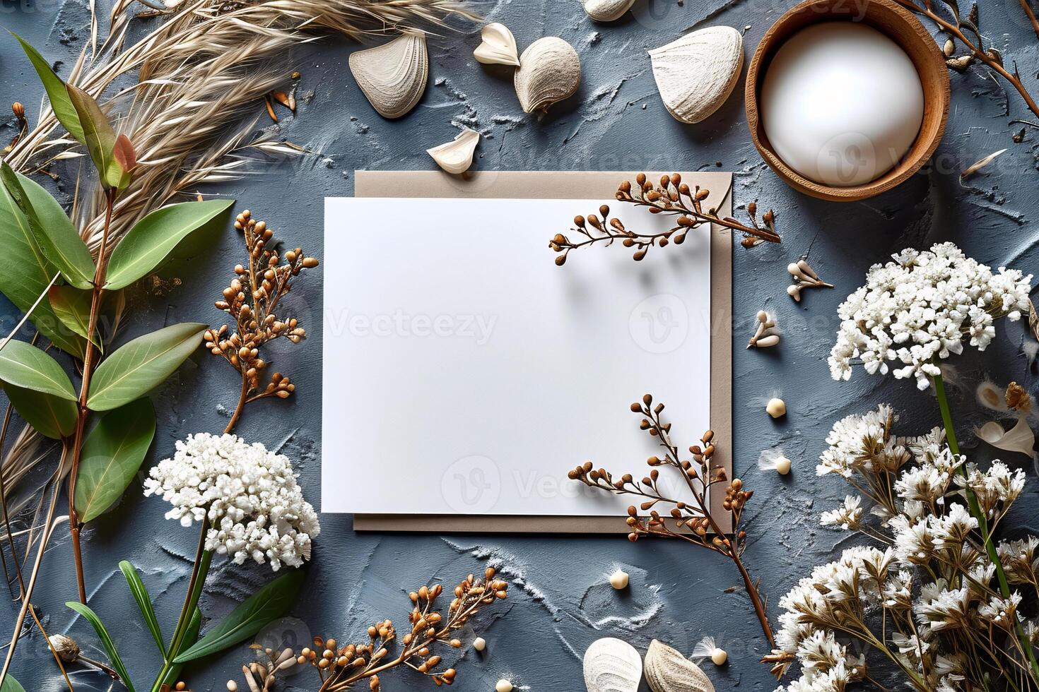 Blank card with flowers and eggs on a blue background photo