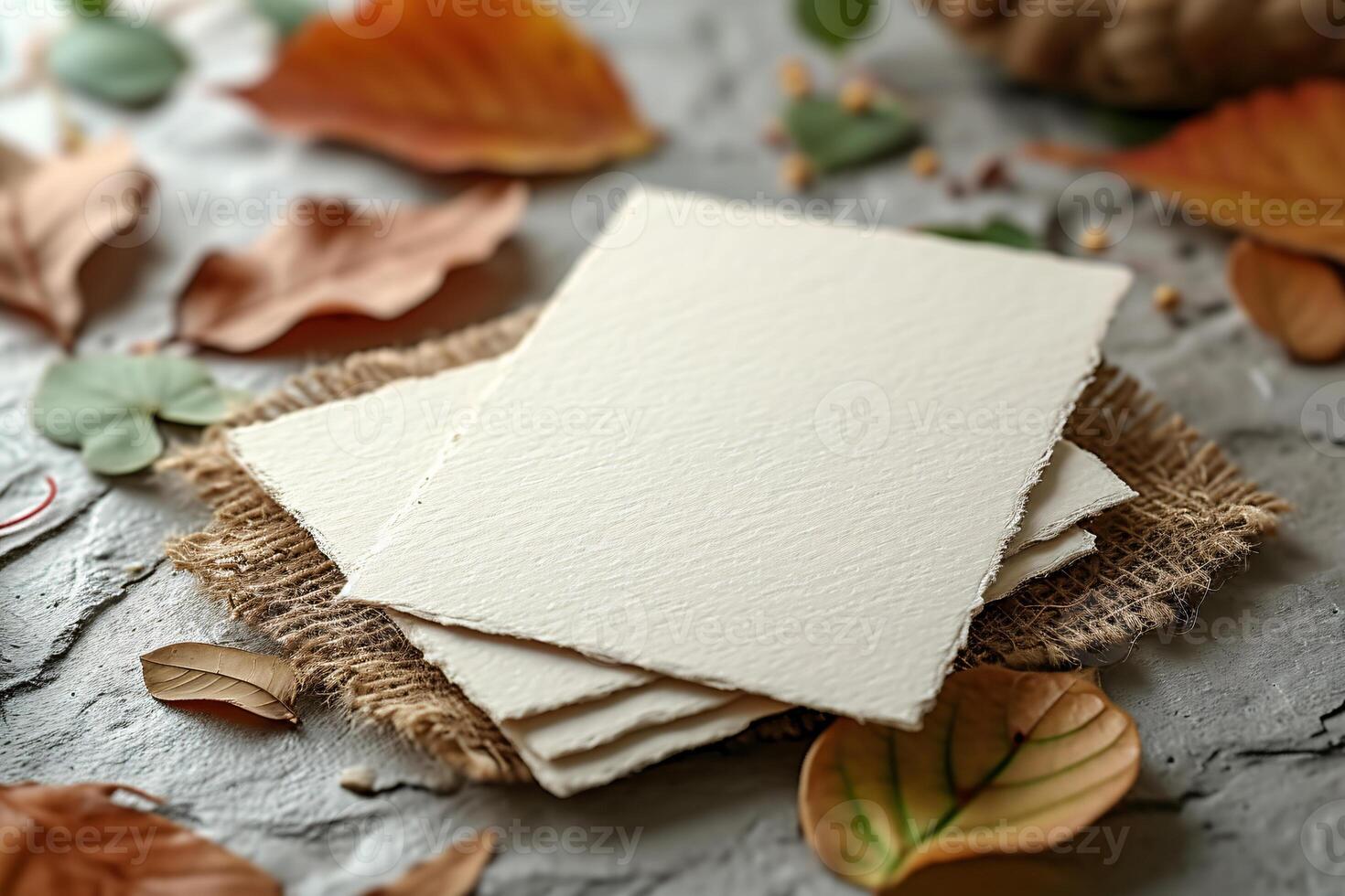 Three blank cards on a table with leaves photo