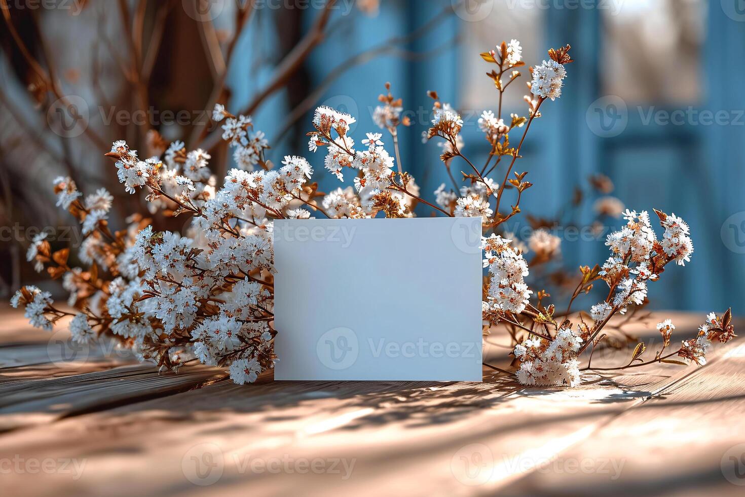 A white card on a table with flowers photo