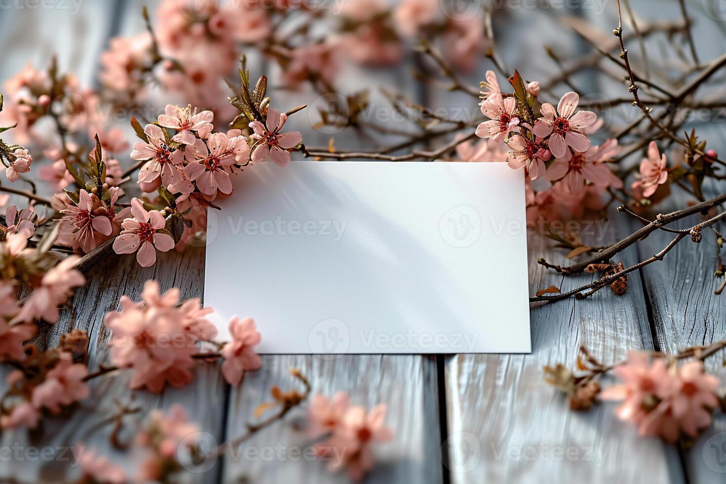 A blank card is placed on a wooden table with pink flowers photo