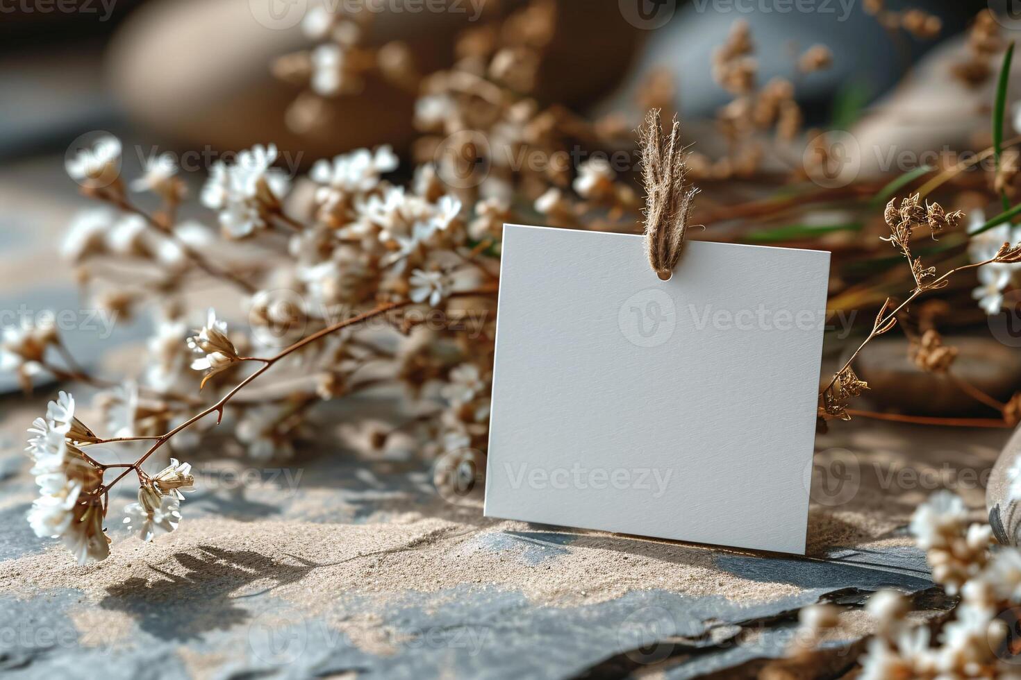 A blank card is hanging from a string of flowers photo