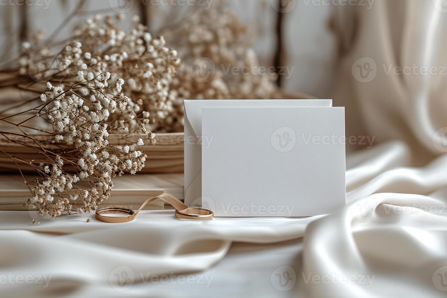 Blank card on a table with a bouquet of dried flowers photo