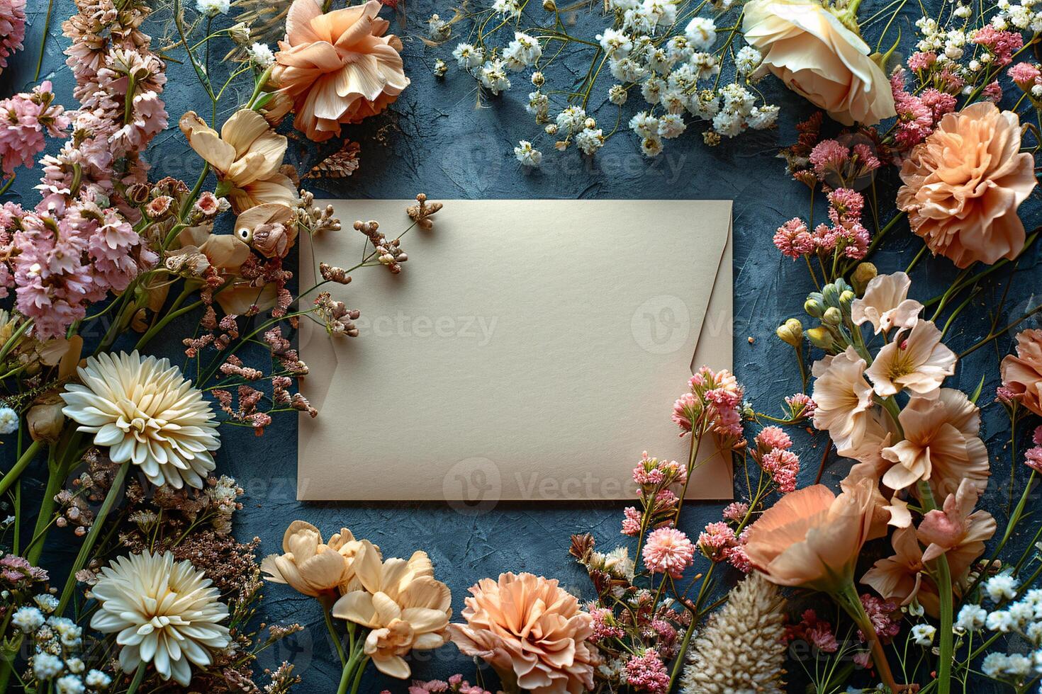 A blank card surrounded by flowers and leaves photo