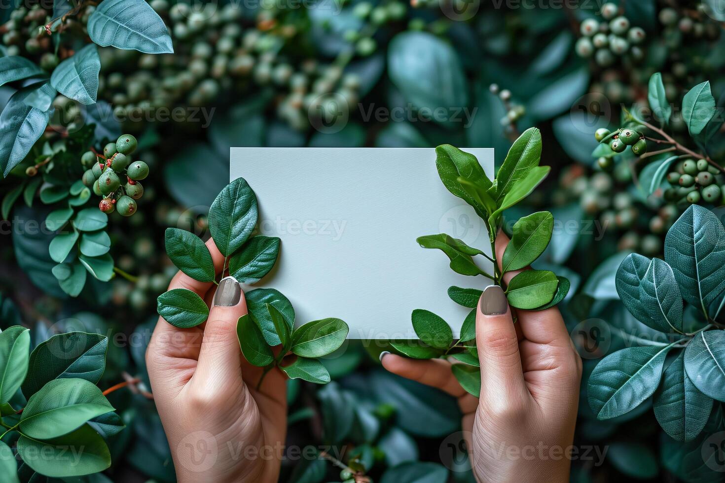 Woman hands holding blank paper with green leaves on background photo