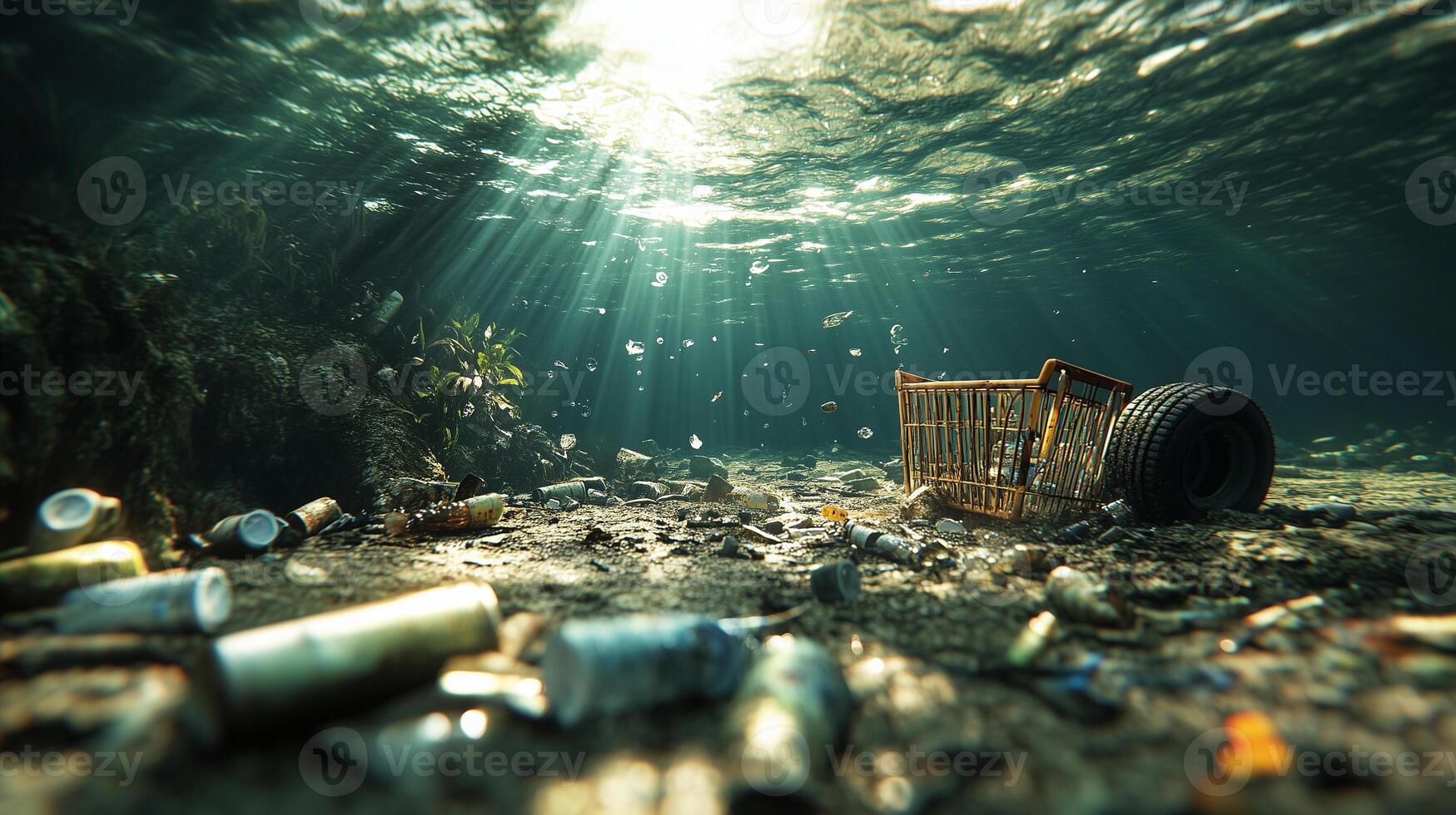 Underwater view reveals the harsh reality of river pollution filled with plastic and waste photo