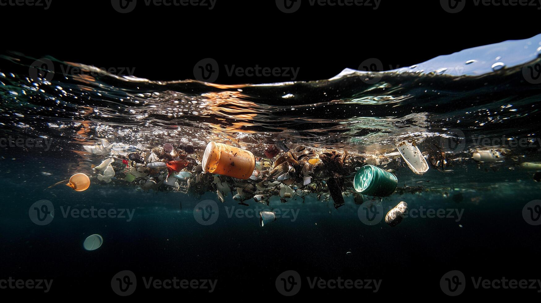 Polluted underwater scene reveals the impact of garbage in aquatic environments photo