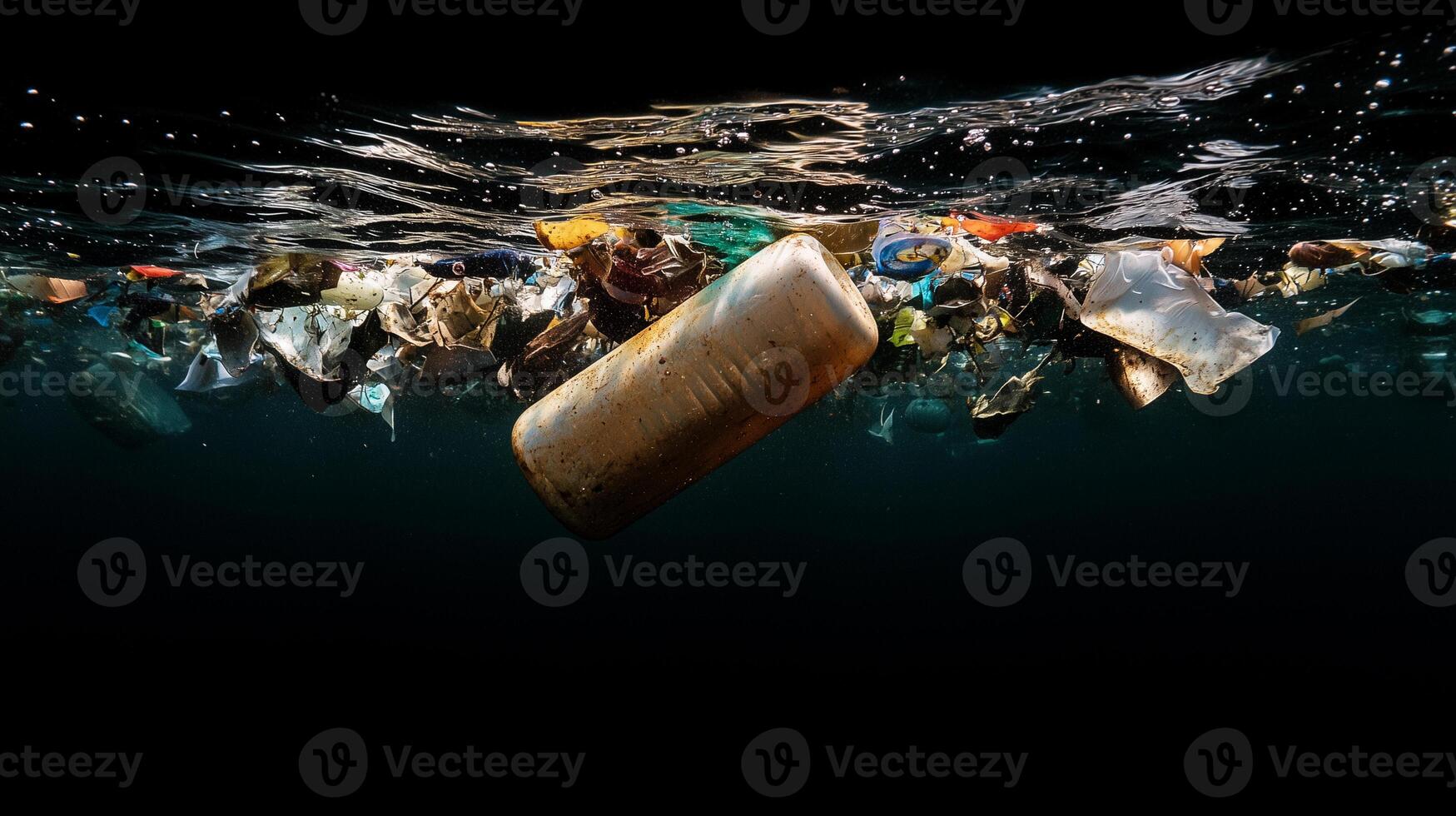 Underwater view of polluted water revealing floating garbage in dark surroundings photo