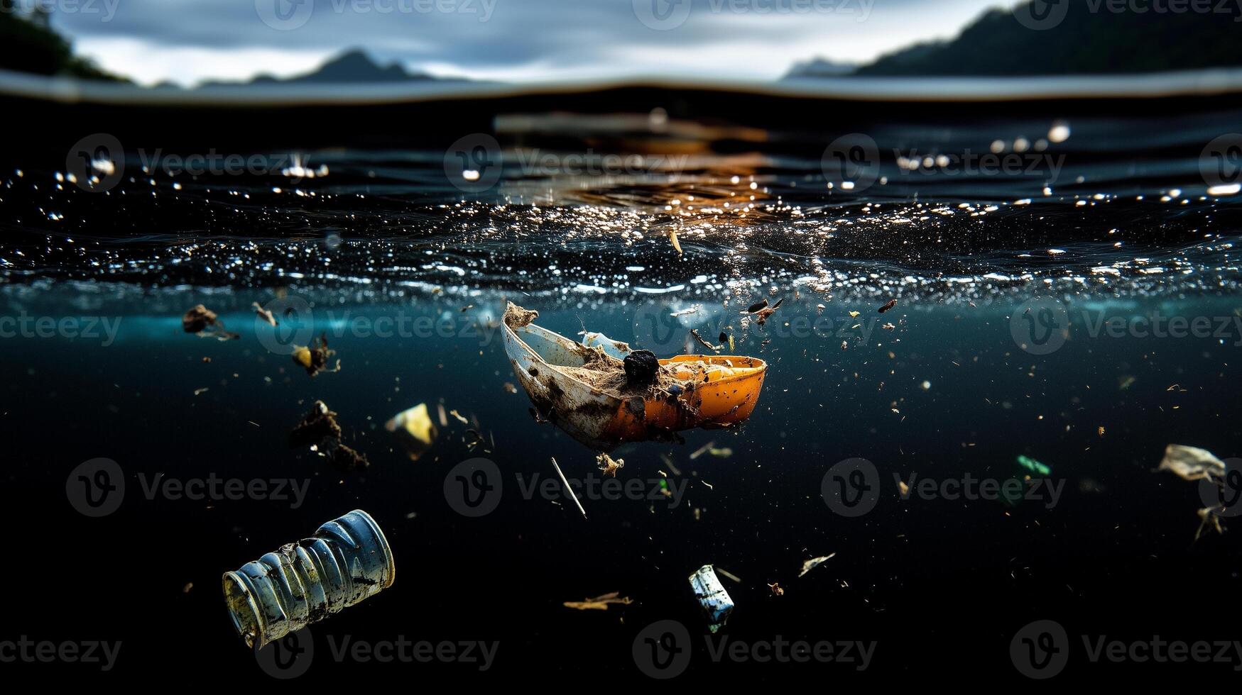 Underwater view of polluted water filled with garbage and debris in a dark environment photo