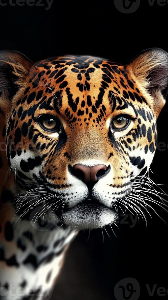 Majestic jaguar displaying striking coat and intense gaze against dark backdrop photo