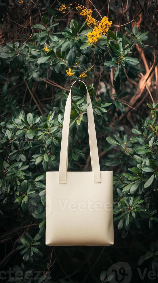 Blank tote bag displayed against a vibrant green bush backdrop during spring season photo