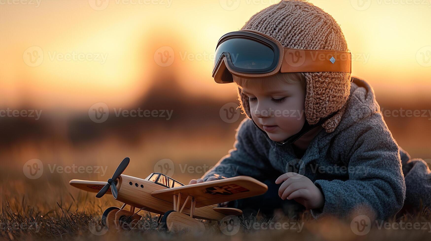 Little boy in pilot helmet plays with wooden airplane at sunset in golden light photo