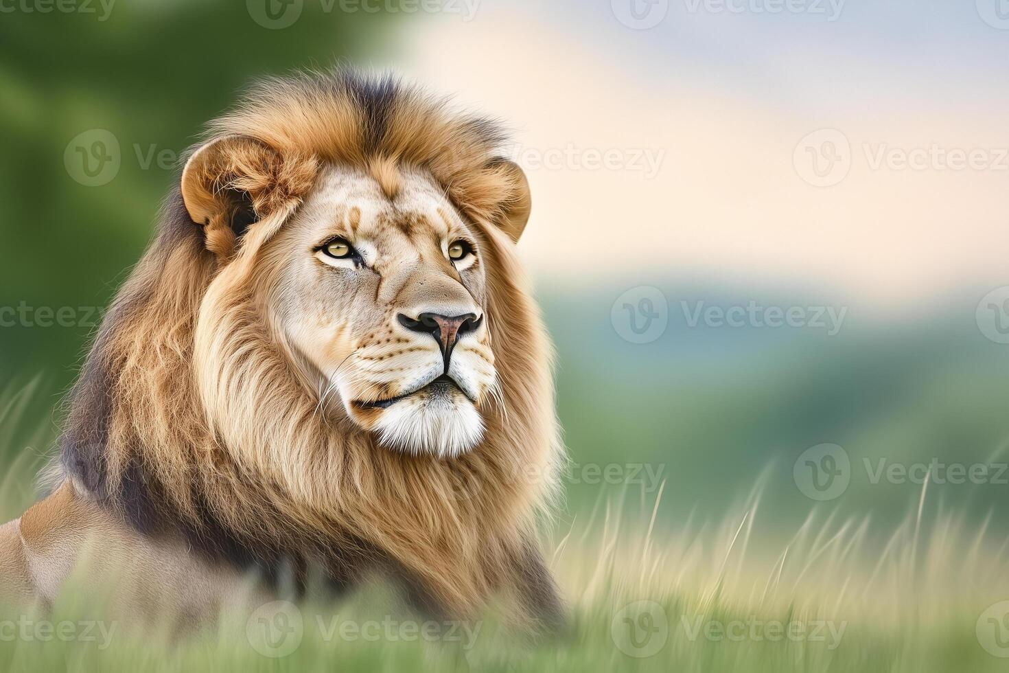 Realistic portrait of a lion highlighting its majestic features against a white studio background photo