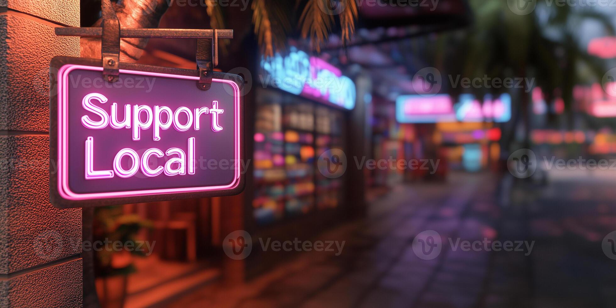 Neon signs illuminate a futuristic digital city promoting local businesses in a vibrant setting photo