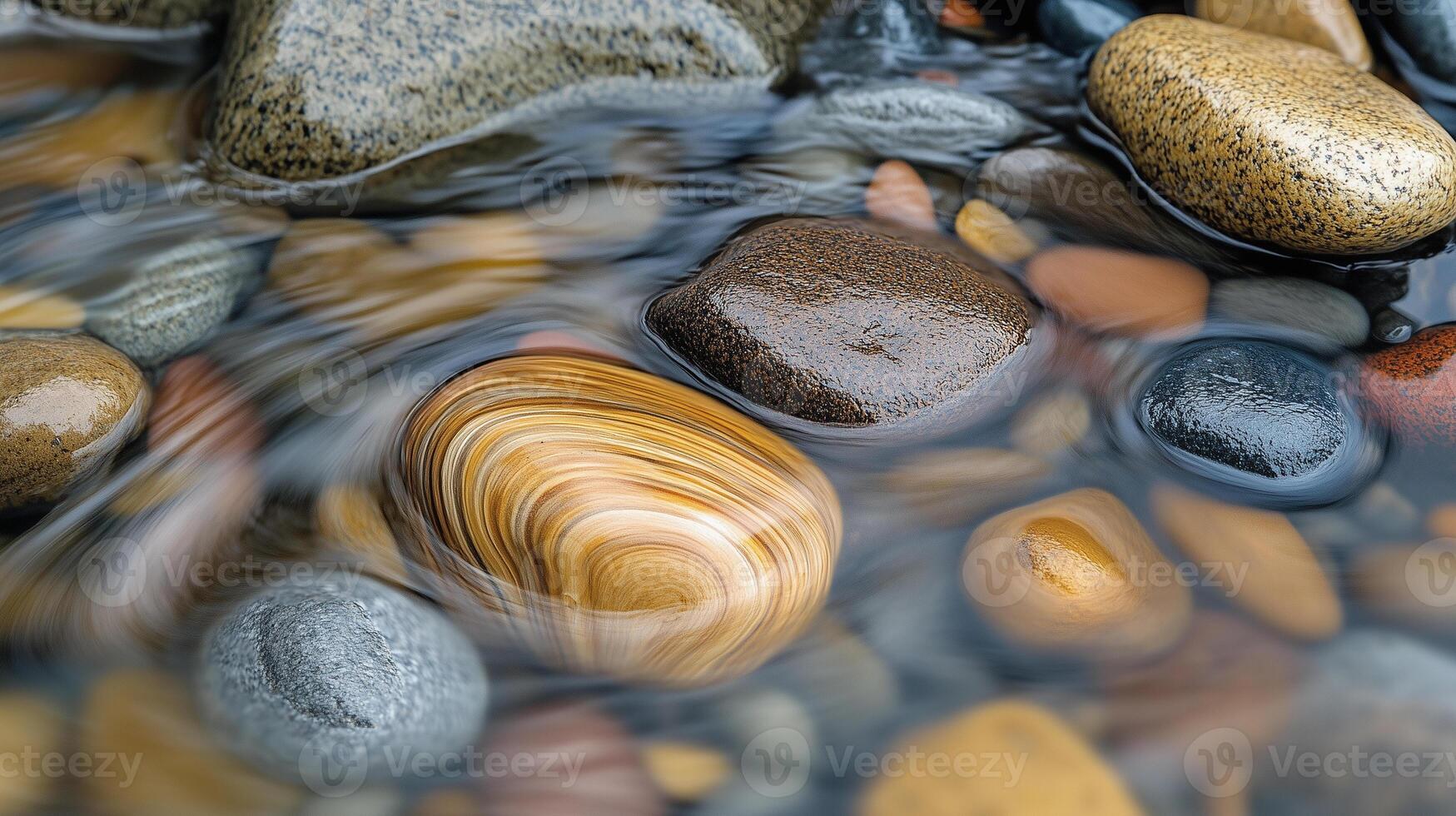Mountain stream with rippling water over smooth stones in a serene setting photo