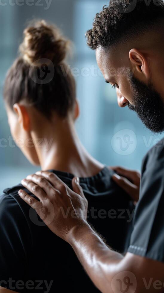 Chiropractor adjusts neck of patient in welcoming healthcare setting during daylight hours photo