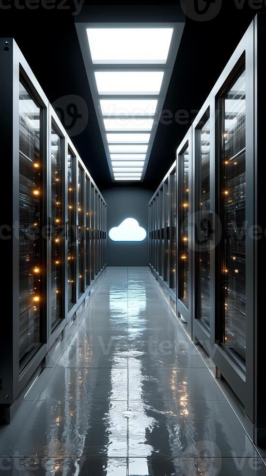 Futuristic server room with glowing holographic cloud icons and data streams in a sleek design environment photo