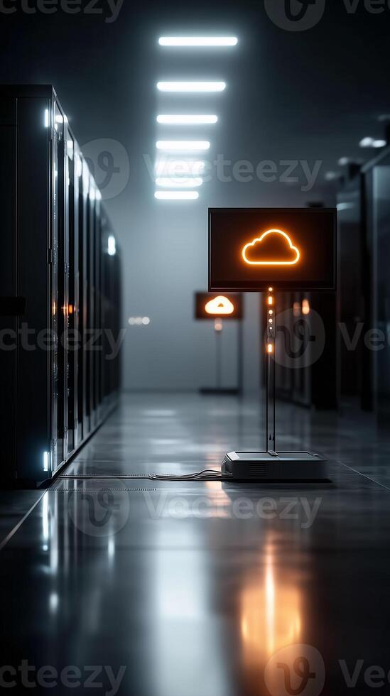 Futuristic server room with glowing holographic cloud icons and data streams in a modern facility photo