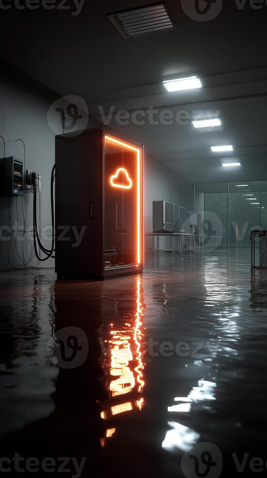 a flooded room with a computer and a neon sign photo