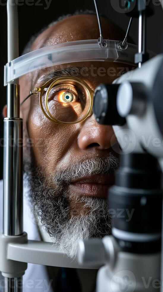 Glaucoma specialist conducts eye examination using advanced diagnostic equipment in a clinical setting photo