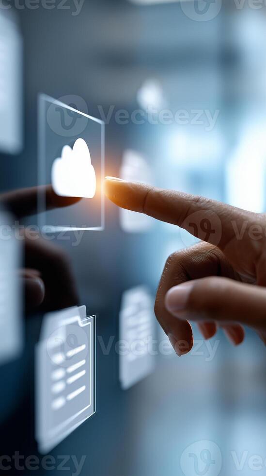 Touching the cloud icon for seamless digital document management and secure information exchange photo