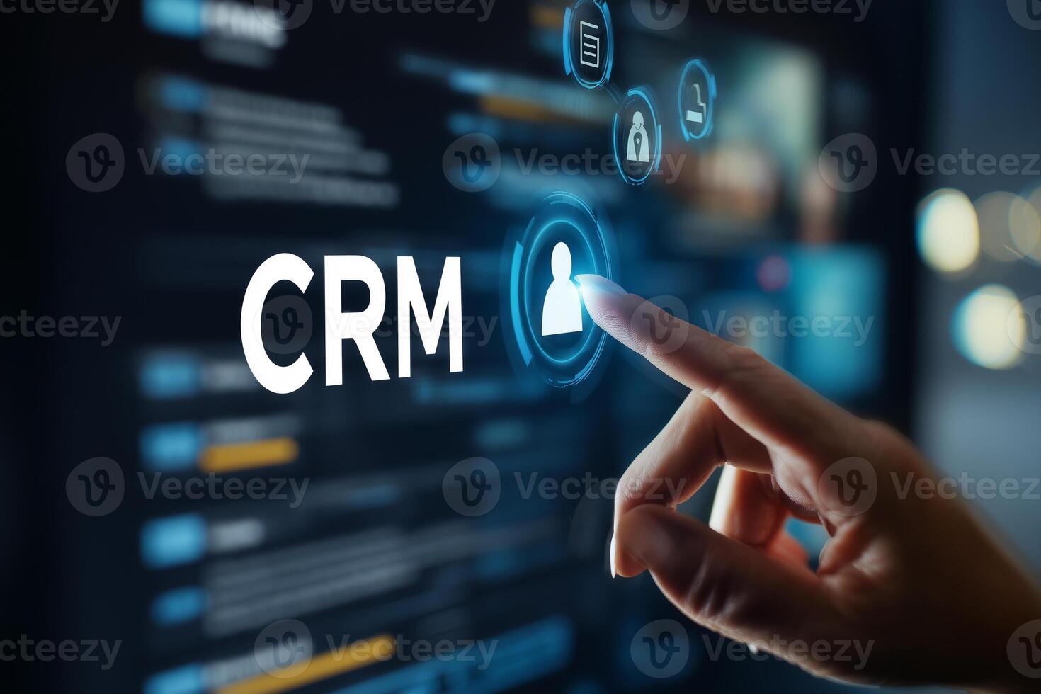 Engaging with digital customer relationship management interface through human icon touch photo