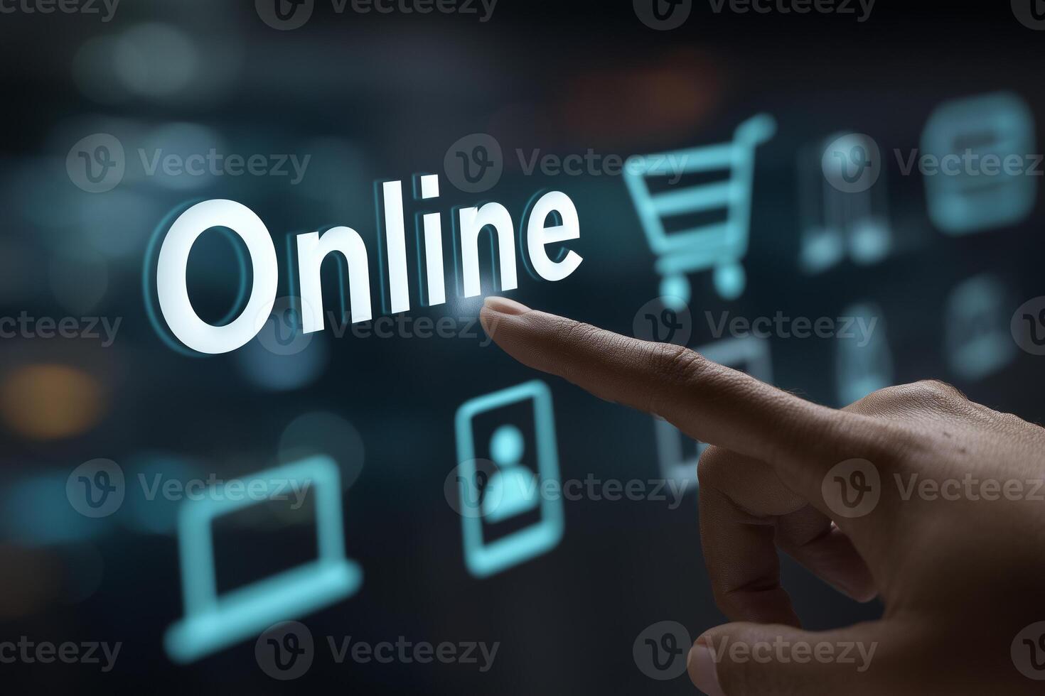 Touching the online icon in a digital technology environment with shopping and mobile screen graphics photo