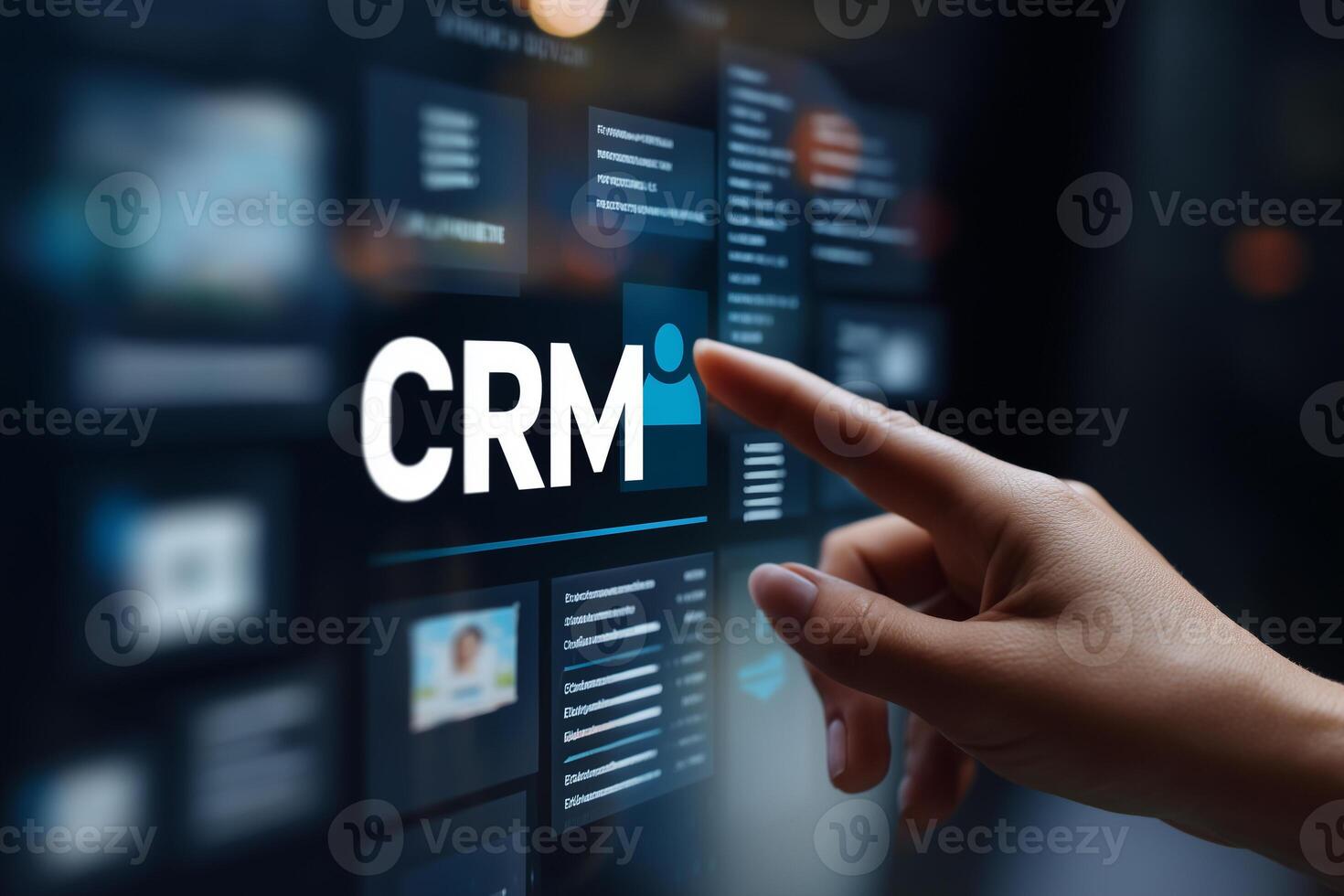 Futuristic touch interface highlighting customer relationship management with data icons and digital technology elements photo