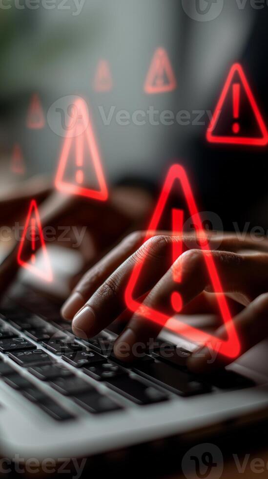 Urgent online safety warning with holographic alerts appearing while typing on a laptop photo