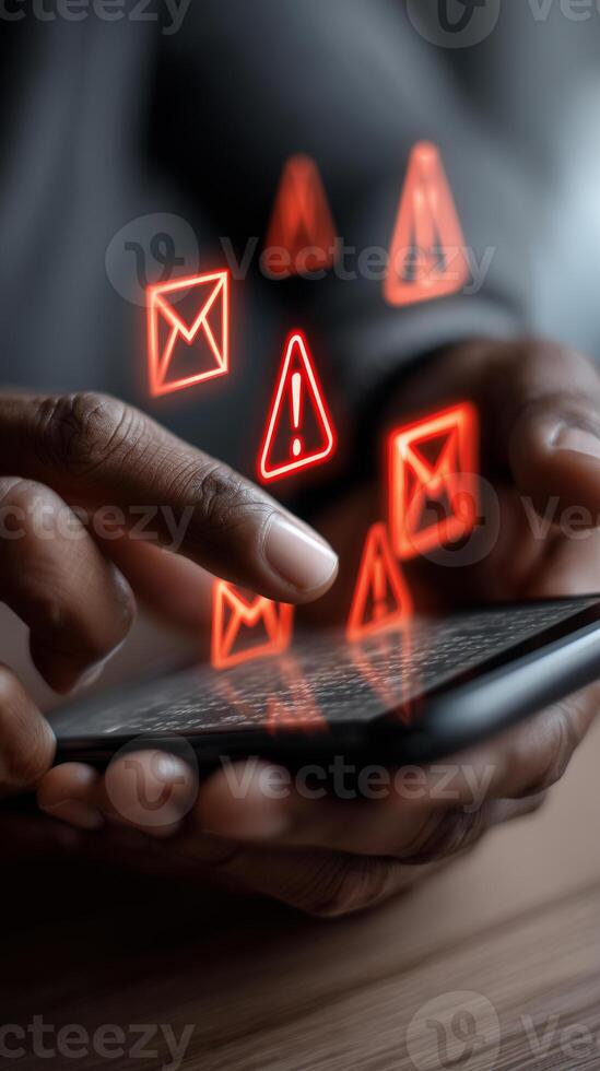Urgent email warning with holographic alerts while a user types on a mobile device photo