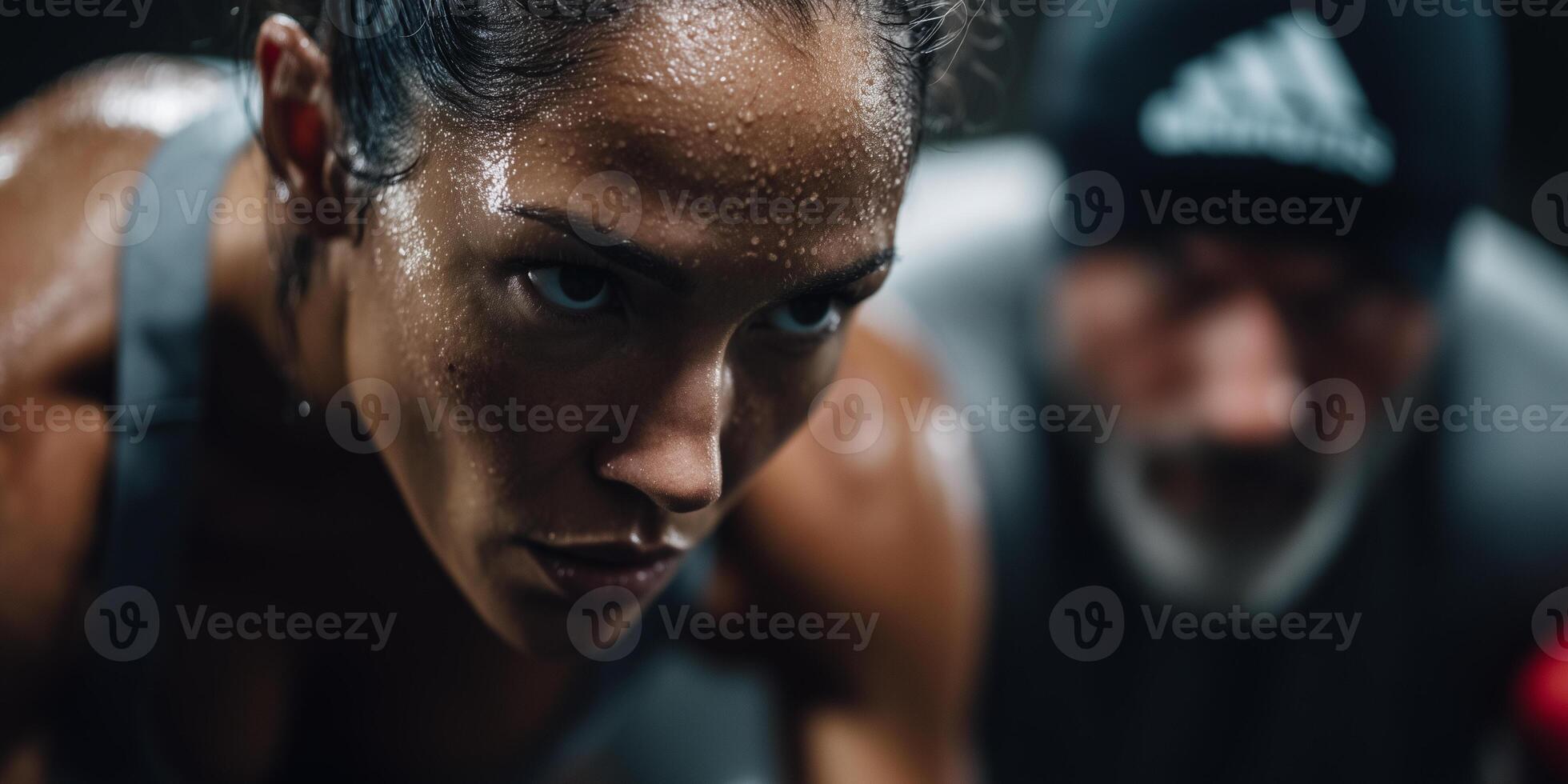 Personal trainer motivates client during high-intensity workout session in gym photo