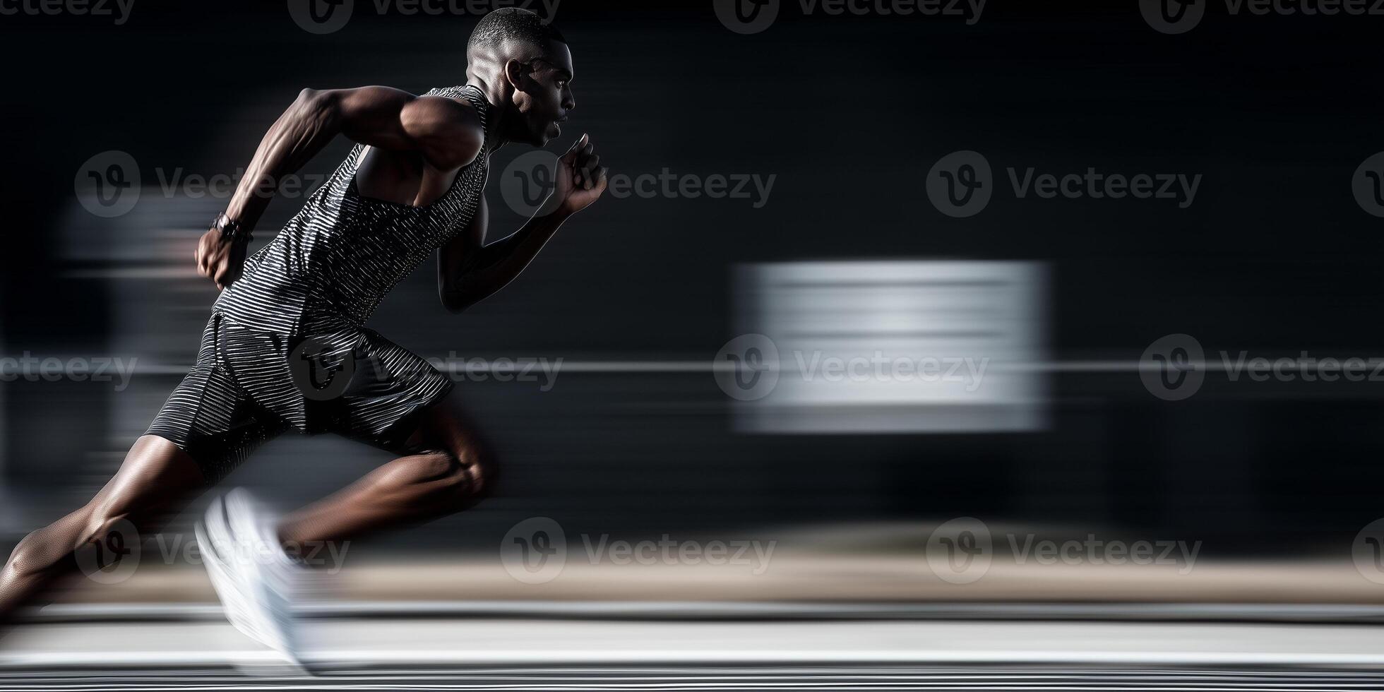 Runner sprints on track, capturing dynamic motion and energy in a competitive environment photo